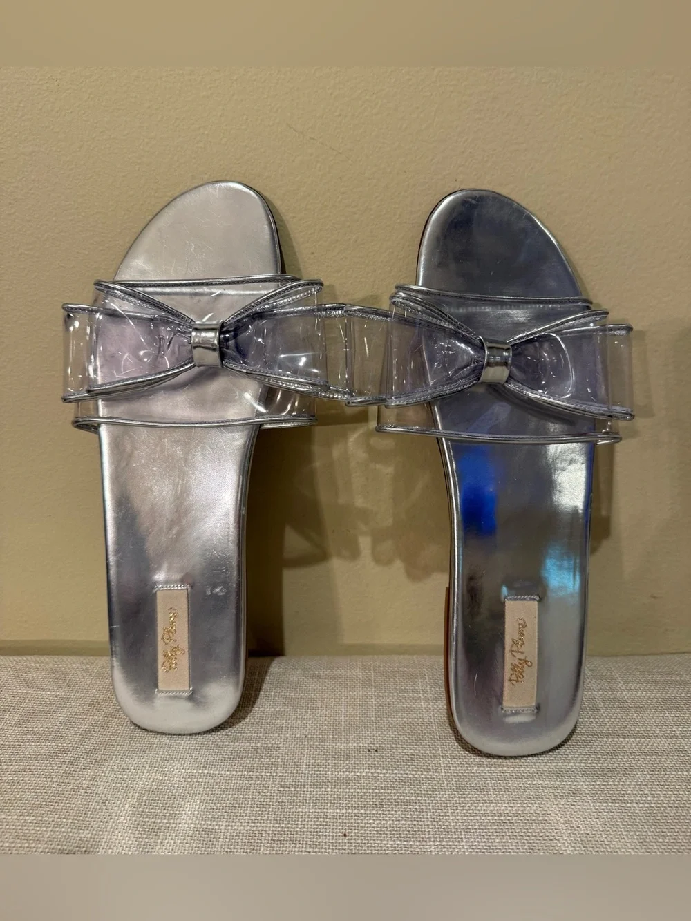 POLLY PLUME Clear PVC Metallic Silver Bow Slide Sandal Mule Flat Italian Leather